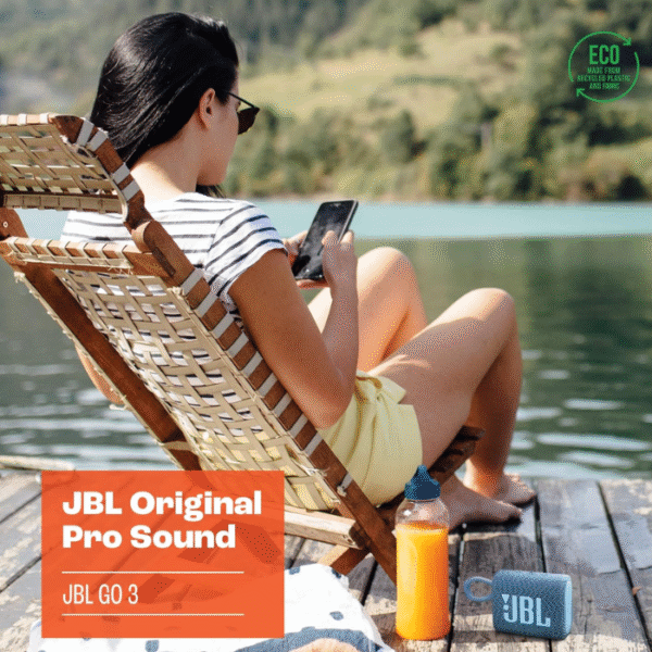 JBL Go 3 Eco - Portable Mini Bluetooth Speaker, big audio and punchy bass, IP67 waterproof and dustproof, 5 hours of playtime, Made in part with recycled materials (Eco Blue) - Image 2