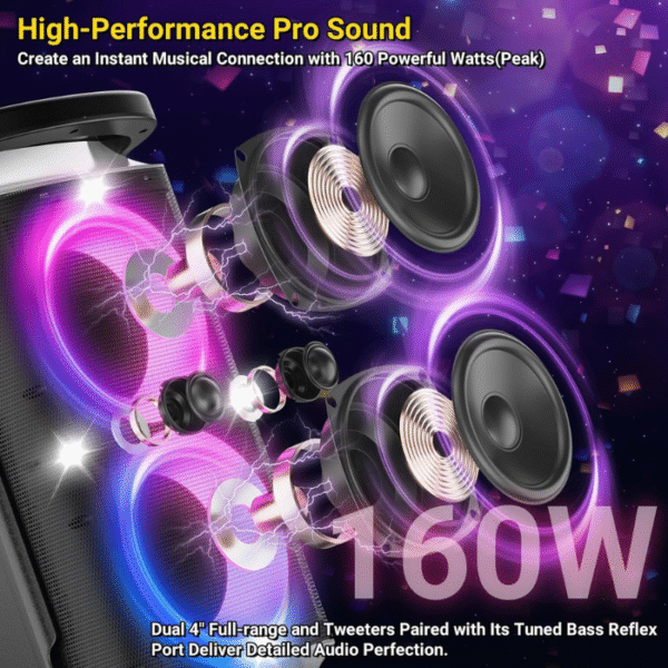Portable Bluetooth Party Speaker: 160W Peak Powerful Loud Sound Deep Bass Wireless Boombox Large Subwoofer 15 Hours Battery Life Fast Charging with Led Light Show for Outdoor Camping Backyard - Image 2