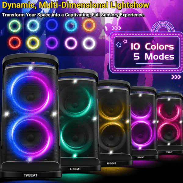 Portable Bluetooth Party Speaker: 160W Peak Powerful Loud Sound Deep Bass Wireless Boombox Large Subwoofer 15 Hours Battery Life Fast Charging with Led Light Show for Outdoor Camping Backyard - Image 3