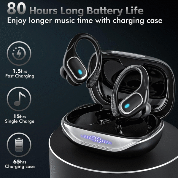 Wireless Earbuds Bluetooth Headphones 80Hrs Playtime Ear Buds IPX7 Waterproof Sports Earphones Wireless Charging Case Over-Ear Earhooks Headest - Black - Image 4