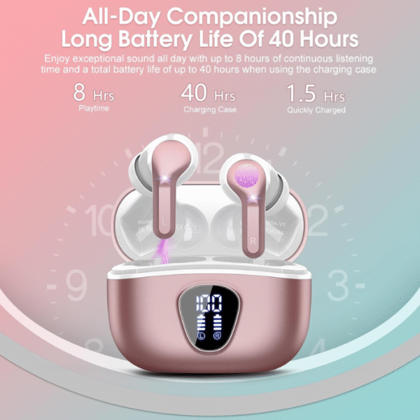 Wireless Earbuds, Bluetooth 5.4 Headphones HiFi Stereo, Bluetooth Earbuds with ENC Noise Cancelling Mic, IP7 Waterproof in Ear Earphones, 48H, LED Display Ear buds for Pad Workout Sports, Rose Gold - Image 4